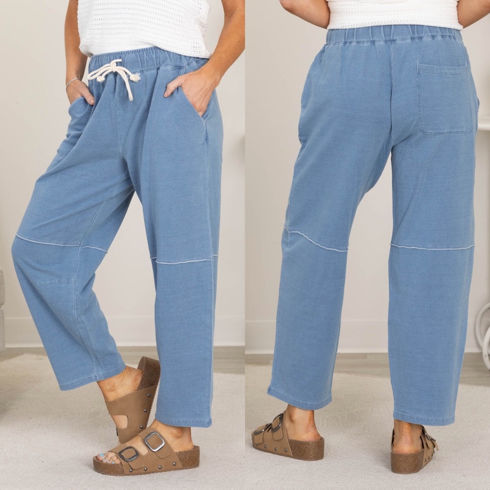 Light Wash Pull On Drawstring Cotton Blend Oversized Jeans!